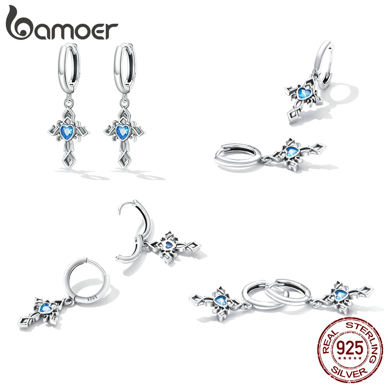 Khuyên tai nữ BAMOER BSE614  bạc 925 mặt hình chữ thập thời trang