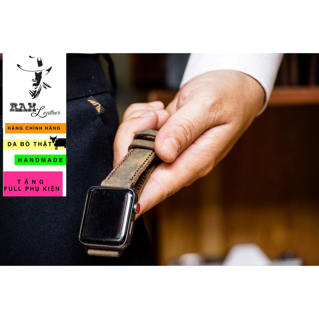Dây đồng hồ da bò cao cấp màu quân đội RAM Leather - tặng khóa chốt và cây thay dây