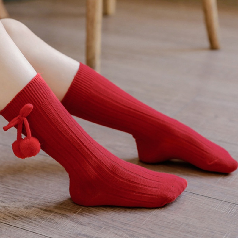 Tất Dệt Kim Cổ Cao Đính Nơ / Quả Cherry Phối Lông Màu Trơn Dễ Thương Thời Trang Mùa Thu Cho Bé Gái