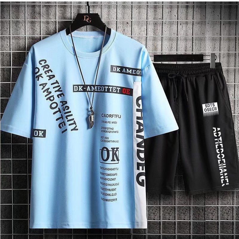 Bộ Đồ Thể Thao Áo Thun Tay Ngắn Phối Quần Short Dáng Rộng Kiểu Đường Phố Nhật Hàn Cỡ Lớn M-3xl Cho Nam