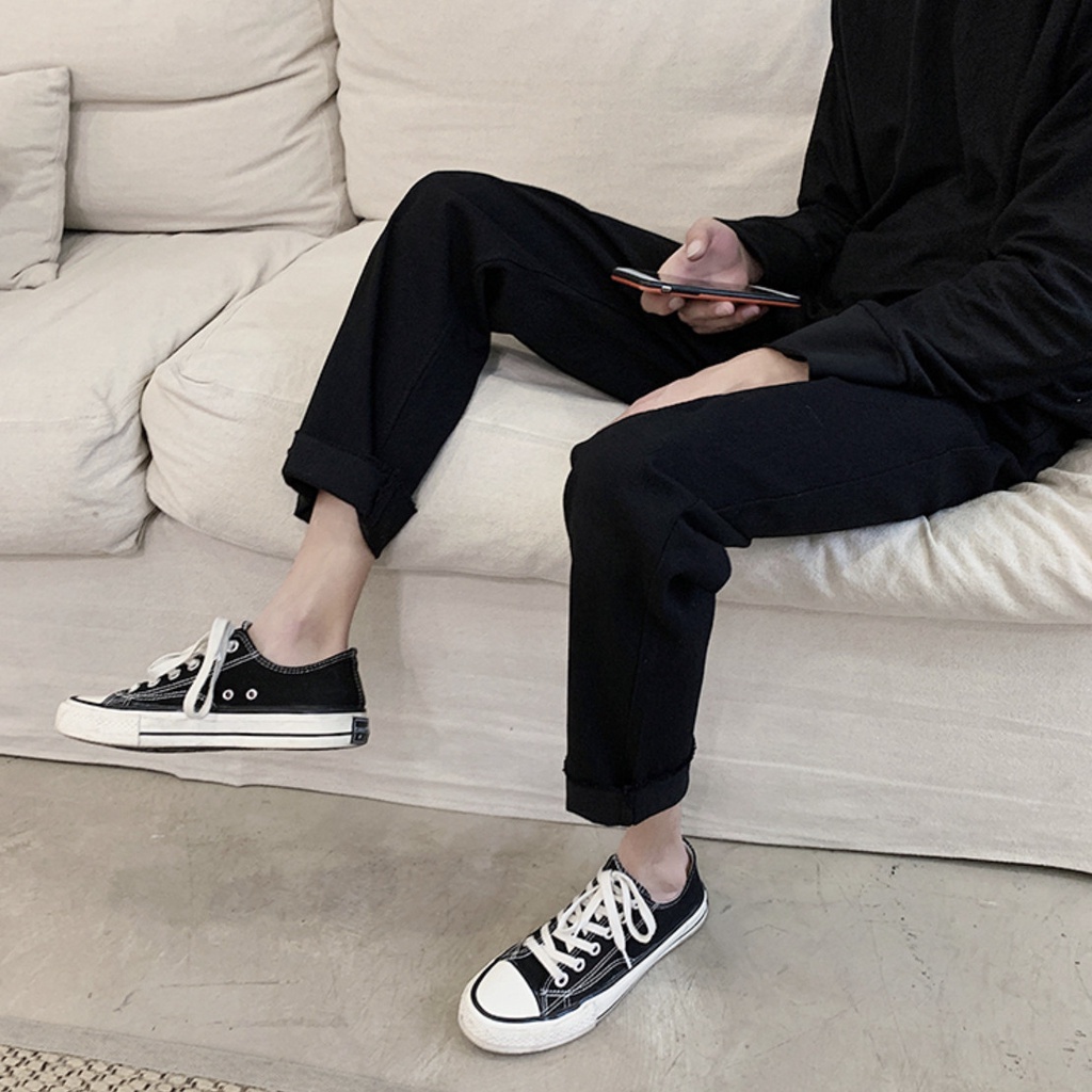 [Tiền Nào Của Đấy]Quần Jean Baggy Nam Ống Rộng Cắt Gấu Đen Trơn Không Phai Màu Vải Co Giãn