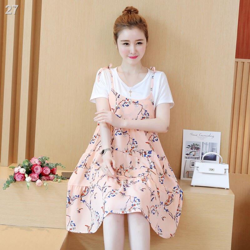 phương Tây quần áo bà bầu mùa hè thun cotton tinh khiết phù hợp với ngắn tay cổ tròn treo váy