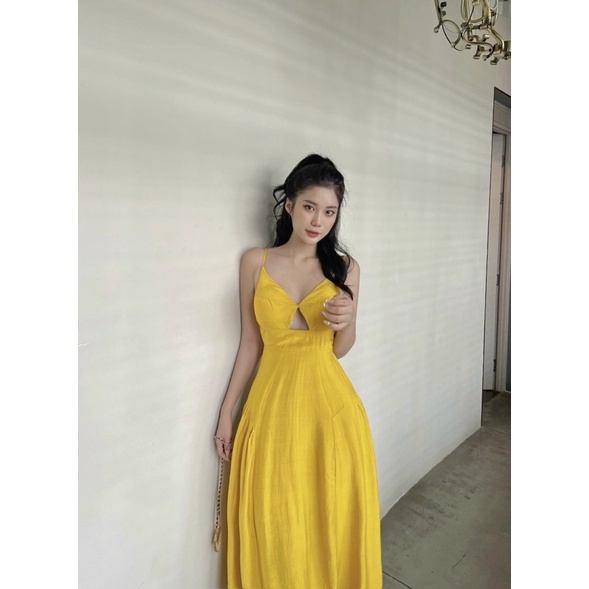 Đầm xoè đũi khoét eo ngực 2 dây Xanh vàng trắng Đầm váy đi chơi dạo phố du lịch đi biển hotgirl tk