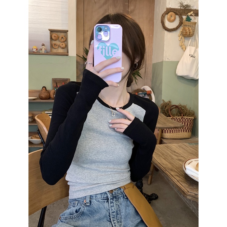 Áo Thun Croptop Tay Dài Màu Sắc Tương Phản Thời Trang Mùa Thu