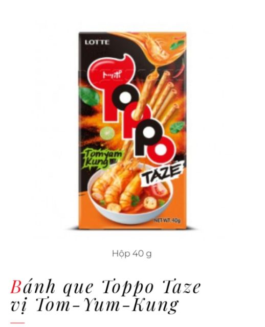 COMBO 5 HỘP BÁNH QUE TOPPO LOTTE 40g I 4 hương vị I nhân socola hương vani, socola hương cacao, vị thịt nướng, vị tôm