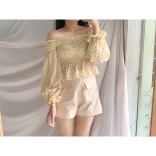 Áo hoa nhún thun trễ vai