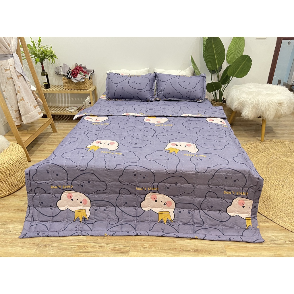Set ga gối chăn hè chần bông Cotton 5 món EMMIBedding, mẫu gấu vương niệm mền cotton họa tiết đáng yêu