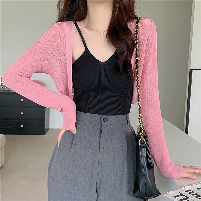 Áo khoác len cadigan mỏng dài tay croptop kiểu tay cánh dơi