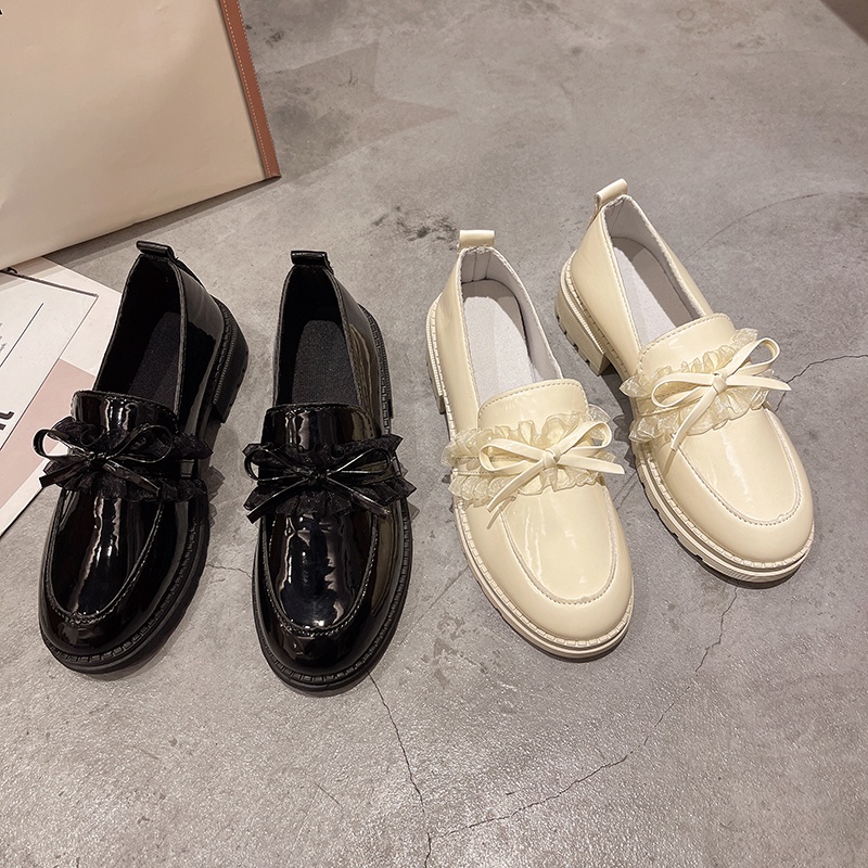 Oxfords Nữ Giày Bệt Có Nơ, Giày Búp Bê Lười Phong Cách Anh Quốc (Da Bằng Sáng Chế)
