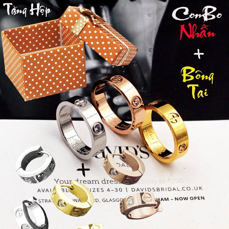 Combo Nhẫn + Bông tai Car tier titan siêu đẹp bền màu - Tặng hộp - Đem lại sang trọng, quý phái cho người đeo
