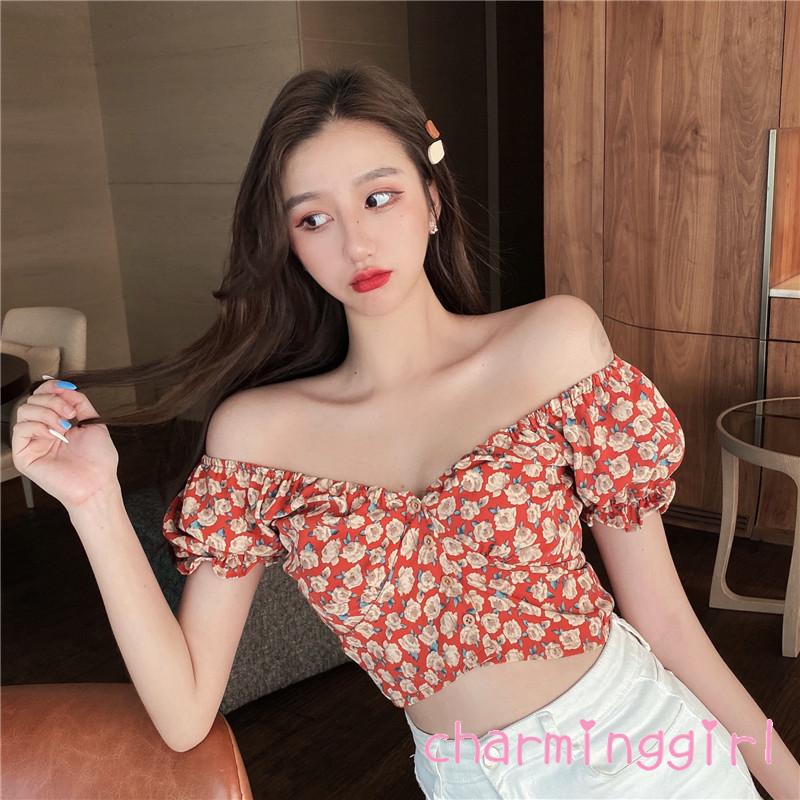 Áo Croptop Nữ Ngắn Tay Cổ Chữ V In Hoa Thời Trang