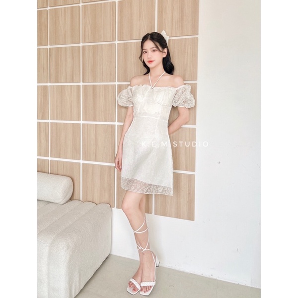 Váy hở vai cúp ngực dây cổ. Đầm thiết kế trễ vai . V01 [Ảnh thật/Sẵn]