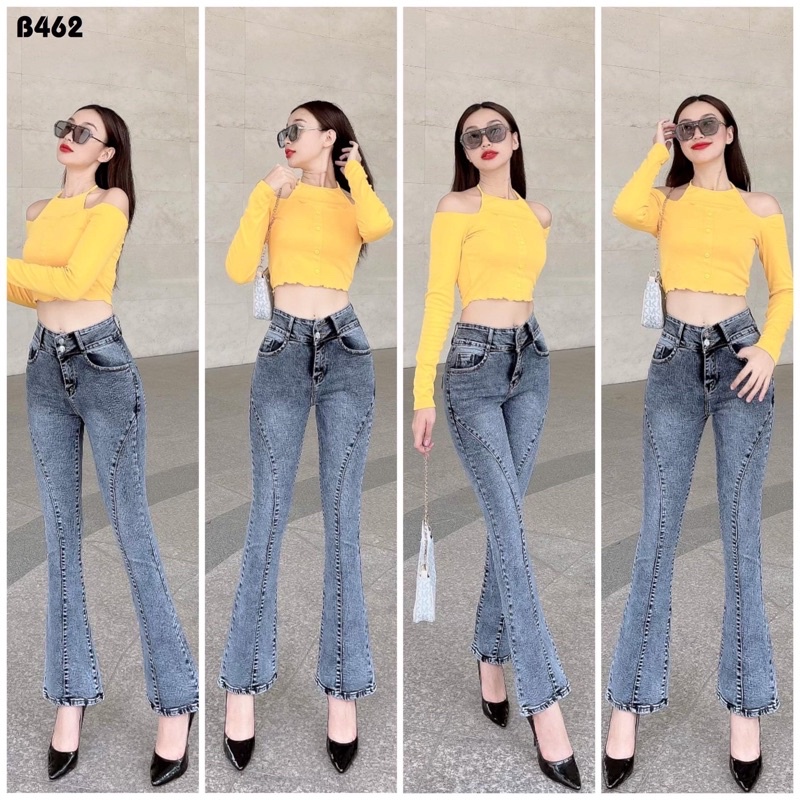 Quần Jeans Nữ Ống Loe Dài Viền Gân Lưng Cao Co giãn