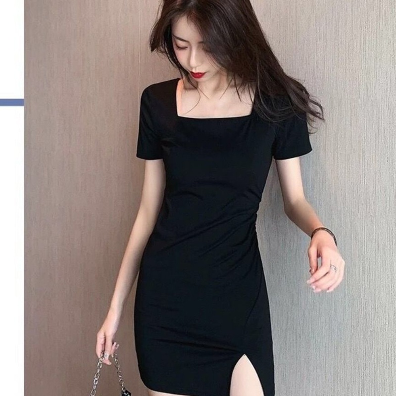 Đầm Ôm Dáng Tay Ngắn Cổ Vuông Màu Đen Thanh Lịch Cổ Điển Cho Nữ