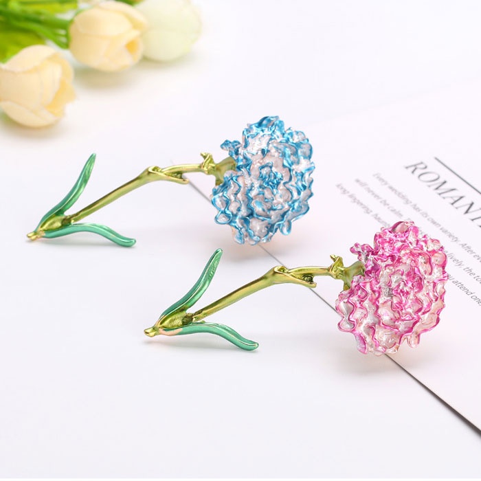 Trâm Cài Áo Hình Hoa Cẩm Chướng Lớn Tráng Men Màu Hồng Và Xanh Dương Cho Nữ