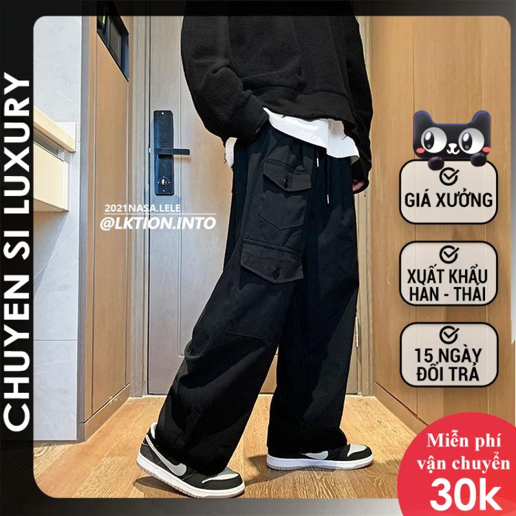 Quần ống suông rộng nam nữ unisex vải kaki túi hộp màu đen lưng chun co giãn đẹp mới e43 hà nội hcm chuyensiluxury