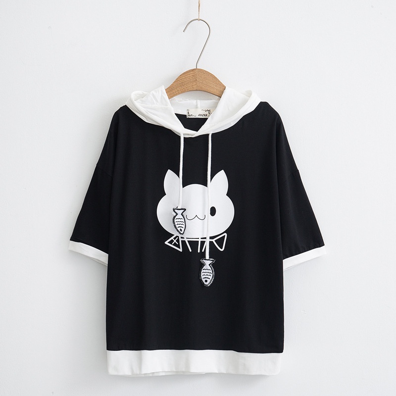 Áo Hoodie Ngắn Tay In Hình Xương Cá Màu Sắc Thời Trang