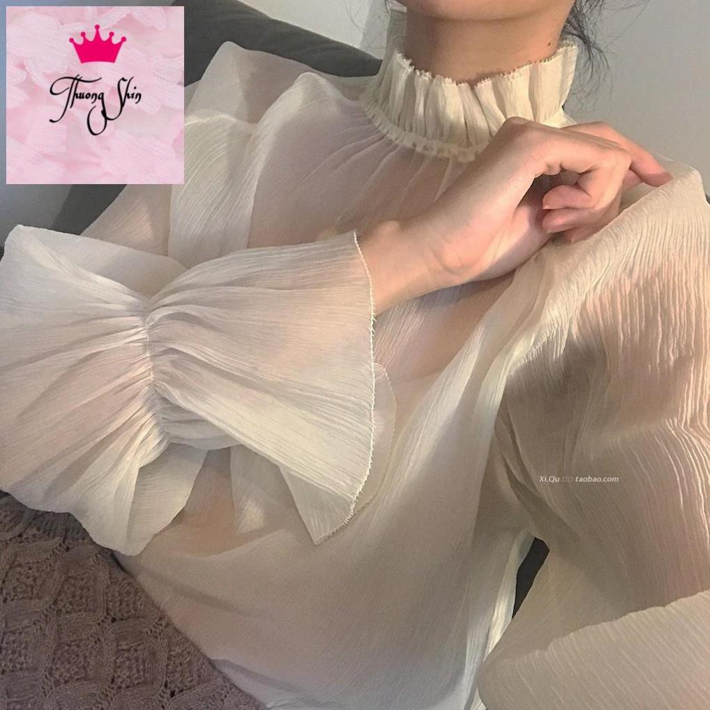 (ORDER) Áo voan nữ tay thun xòe phổng cổ cao tiểu thư Hàn Quốc Vintage