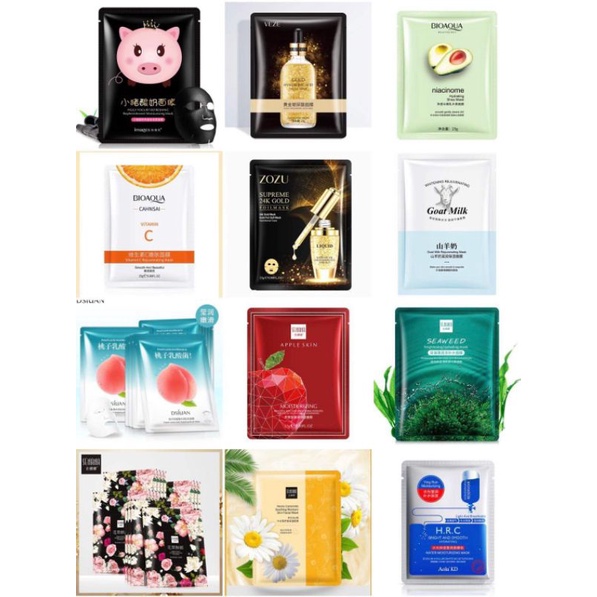 COMBO 30 miếng mặt nạ cao cấp Bioaqua, Hchana, Chelia, Hisees