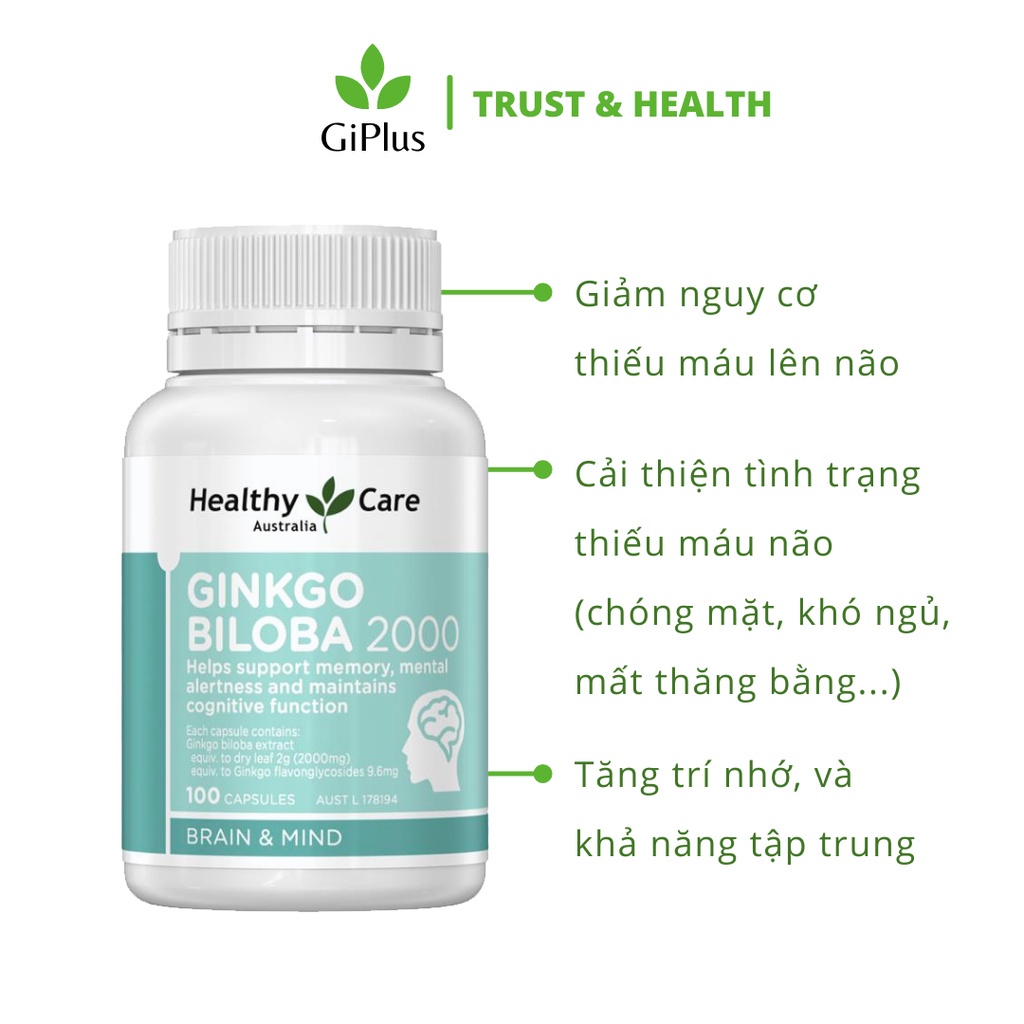 Viên Uống Bổ Não, Tăng Tuần Hoàn Não Healthy Care Ginkgo Biloba 2000mg (100 viên/Lọ)