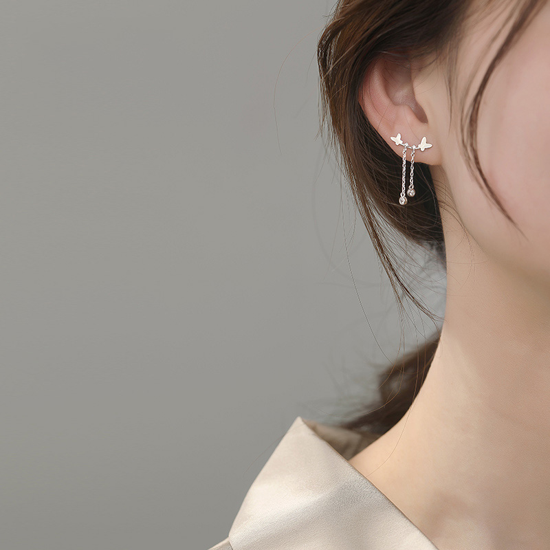 Bông tai bạc hình bướm tua rua đính pha lê thời trang dành cho nữ