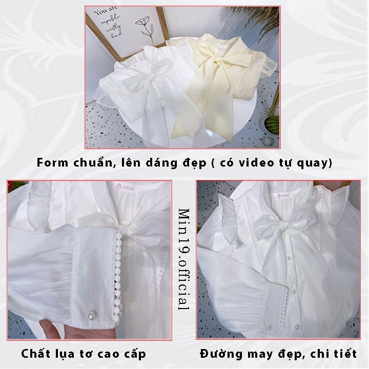 Áo Sơ Mi Kiểu Nữ Hàn Quốc Cổ Nơ Tay Phồng Bánh Bèo Tiểu Thư Form Rộng Chất Lụa Tơ Đẹp Màu Trắng Be Thời Trang