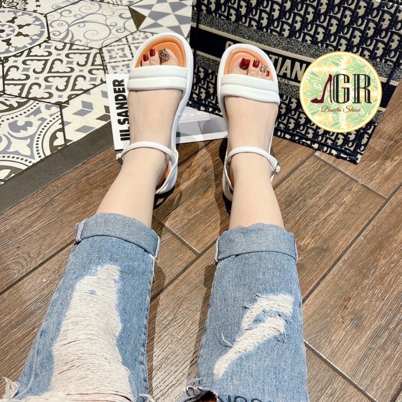 Sandal quai ngang phồng viền lót nâu cao 2cm