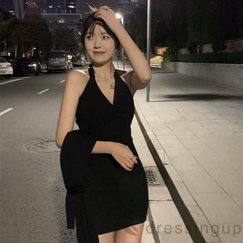 Đầm Hai Dây Cổ Chữ V Màu Trơn Thắt Nơ Lưng Cho Nữ