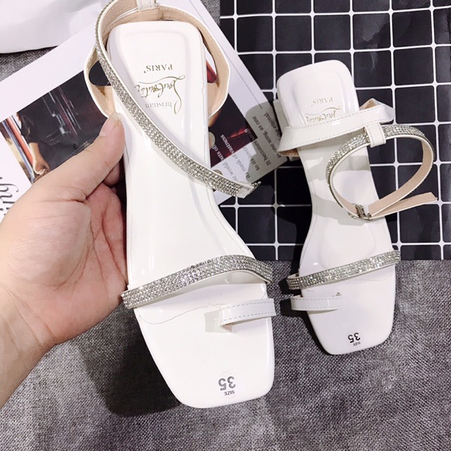 [Kèm ảnh thật] Giày sandal gót tháp da bóng xỏ ngón quai mảnh đá cao 5p siêu dễ đi