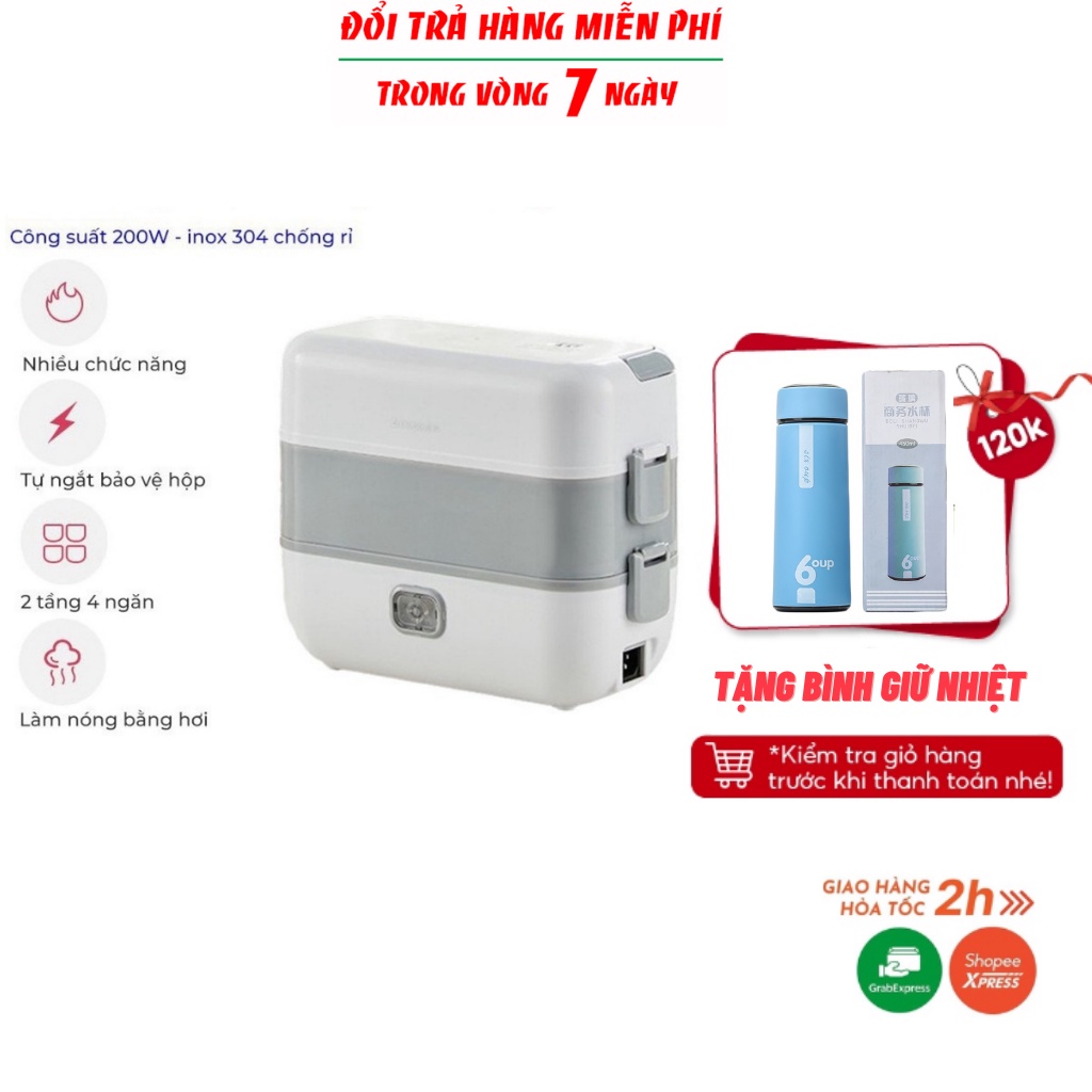 Hộp đựng cơm cắm điện 3 tầng Bear cao cấp,hộp cơm giữ nhiệt văn phòng tự nấu chín thức ăn inox - Tặng bình giữ nhiệt