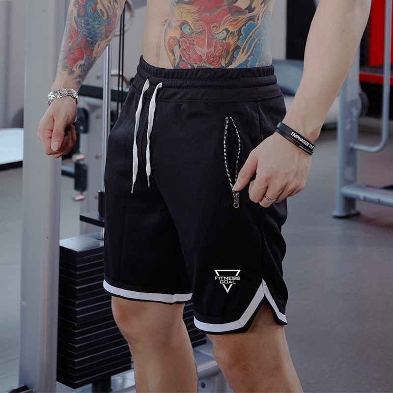 Quần short nam màu đen viền trắng có khóa kéo túi quần thể thao nam quần tập gym chạy bộ từ 45-86kg