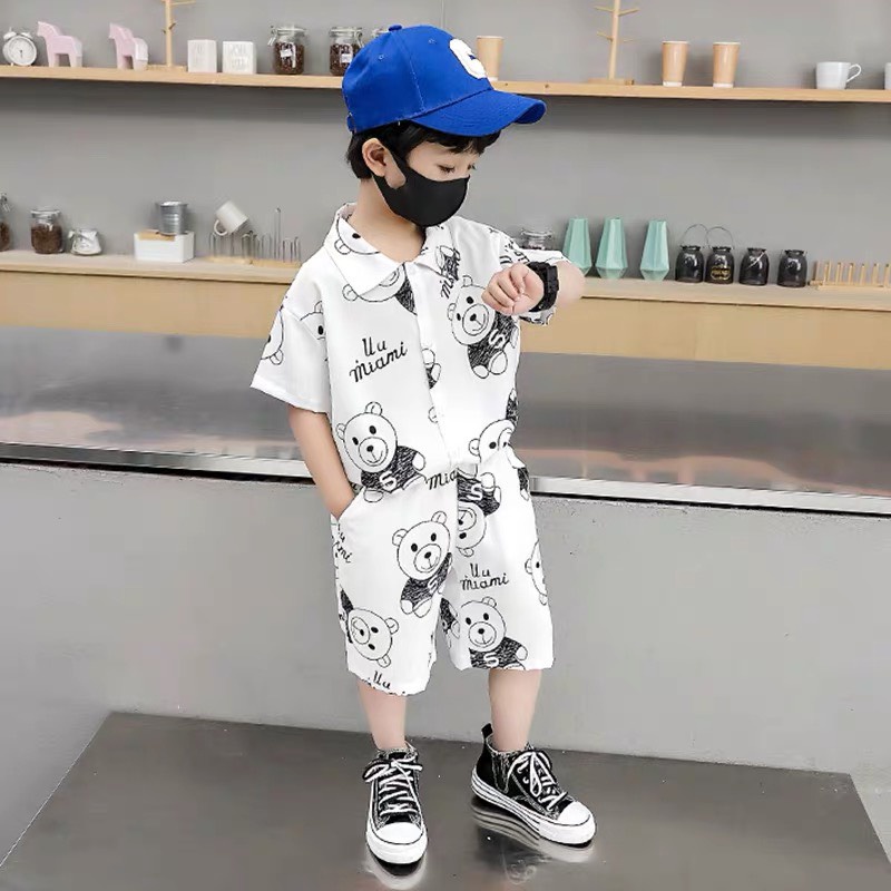 Bộ cộc tay bé trai kiểu dáng Hàn Quốc  in hình con Gấu Cho Bé từ 7-28kg - Moobaby Shop