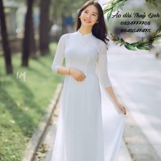 Áo dài trắng truyền thống 4 tà may sẵn vải lụa tằm cao cấp 2 lớp dày dặn giá rẻ