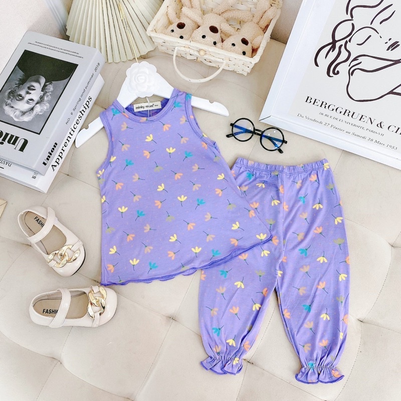 BL17 Bộ Ba Lỗ Quần Dài Bo Chun Thun Mát hoạ tiết Hoa cho bé Gái từ 8kg đến 18kg