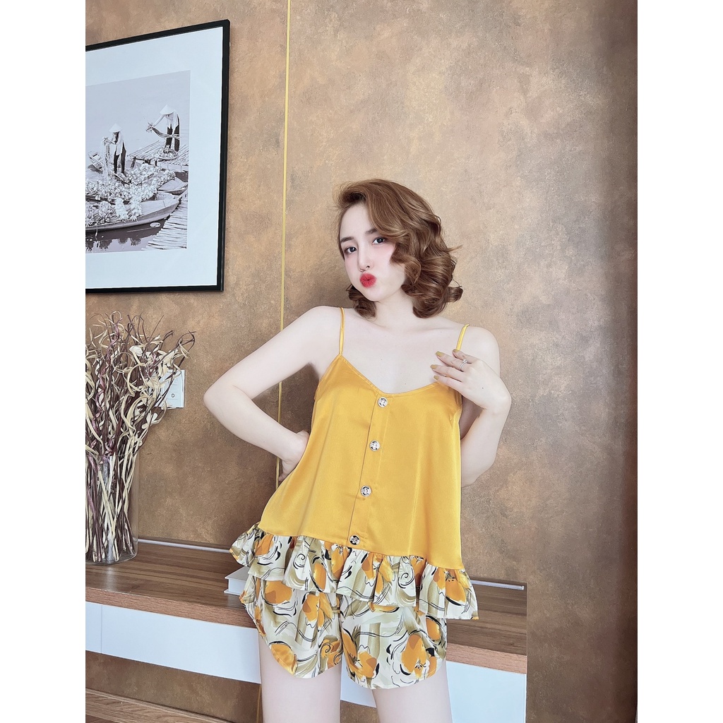 Đồ ngủ sexy nữ, bộ ngủ 2 dây mango phối satin 4 nút bèo freesize dưới 65kg