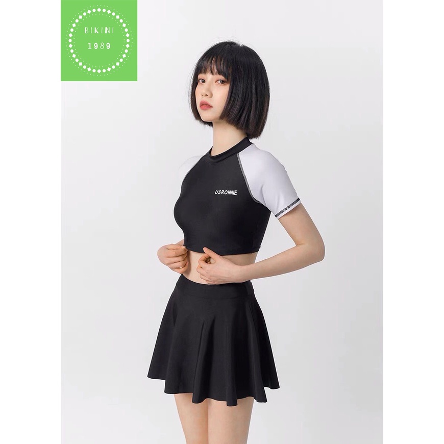 Bikini, Bộ Đồ bơi nữ áo tắm hai mảnh croptop us cá tính quần váy cạp cao che bụng kín đáo đi biển qccc