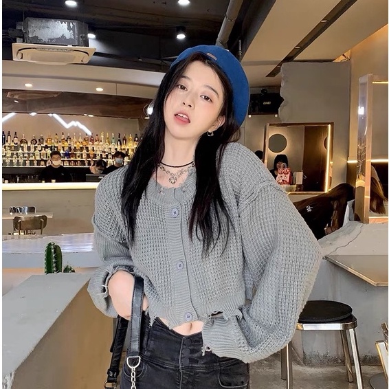 Áo khoác len croptop Forgirl tay bồng phối viền xẻ