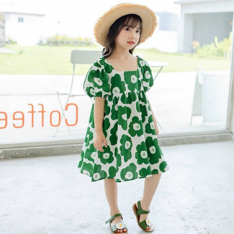 Đầm Cho Bé Gái Hml (12-42KG) Thô Hoa Cổ Vuông Mềm Mát, Váy Bé Gái Sai Đại Từ 1-10 Tuổi Mã A28