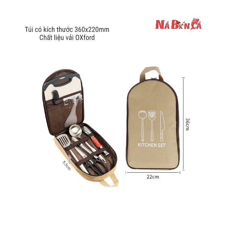 Bộ dụng cụ nấu ăn dã ngoại có túi đựng - Bộ dụng cụ nấu ăn 8 món dùng khi đi du lịch, dã ngoại, cắm trại tiện lợi [DCP5]
