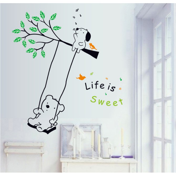 Decal trang trí tường Gấu chơi xích đu Life is sweet