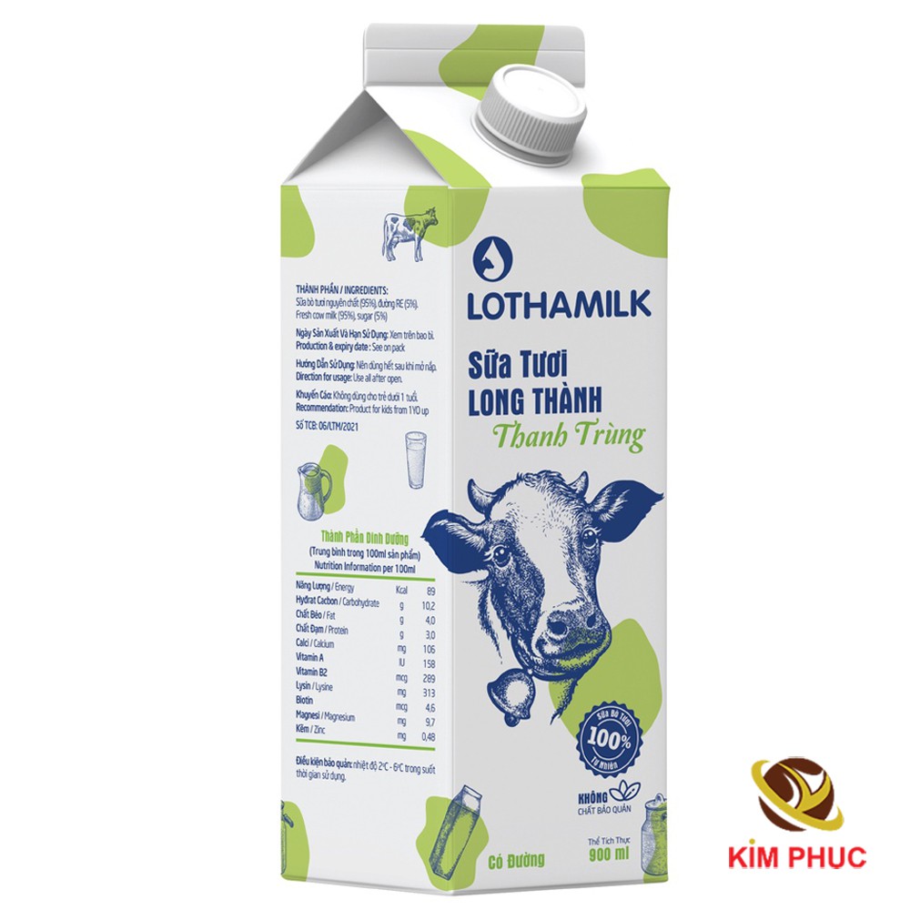 Sữa tươi thanh trùng Long Thành Lothamilk có đường (900ml)