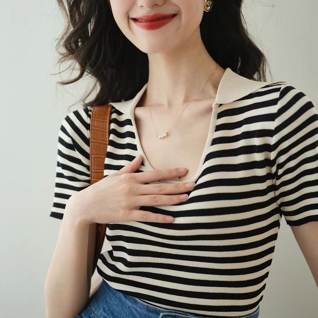 SUXI Áo Thun Ngắn Tay Cổ V Họa Tiết Sọc Ngang Đơn Giản Dễ Phối Đồ Cho Nữ