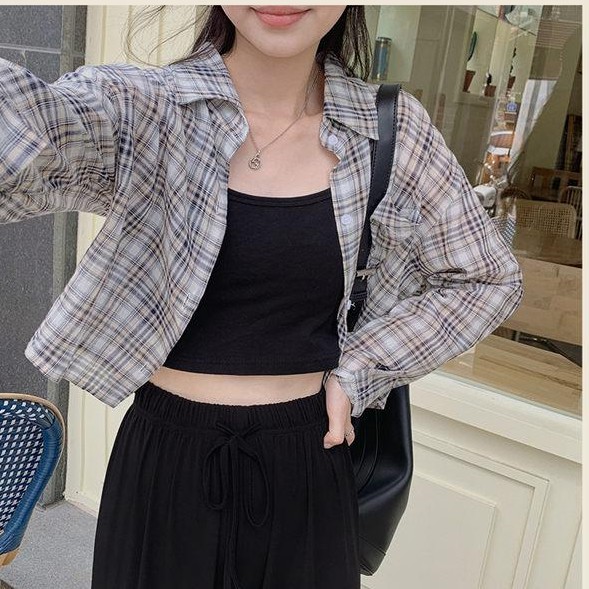 Áo Sơ Mi Ca Rô Dài Tay Cổ Polo Phong Cách Hàn Quốc Mới 45108