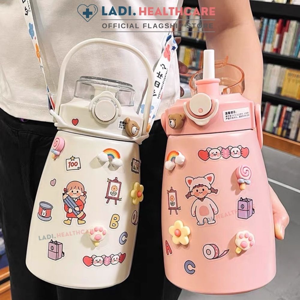 Bình giữ nhiệt 1000ml LADI tặng Sticker, inox 304 giữ nhiệt 12h, bình nước giữ nhiệt 1 lít cho bé có ống hút cute