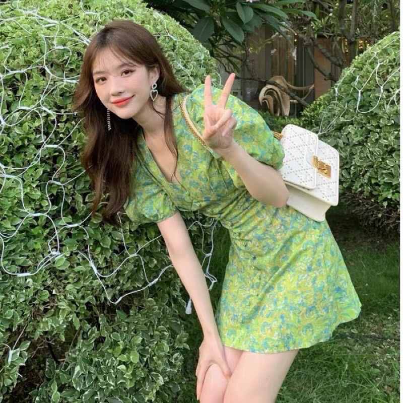 Váy Hoa Nhí Xanh Lá Cổ Tim Tay Bồng