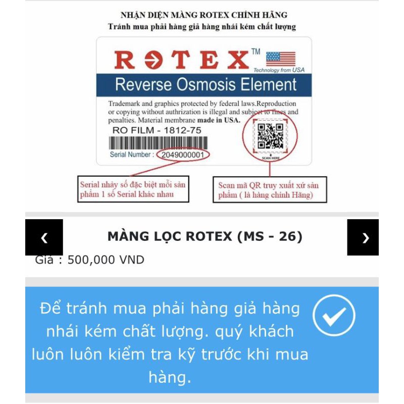 Màng Lọc R.O Rotex Chính Hãng 15V Dập Vân Nổi