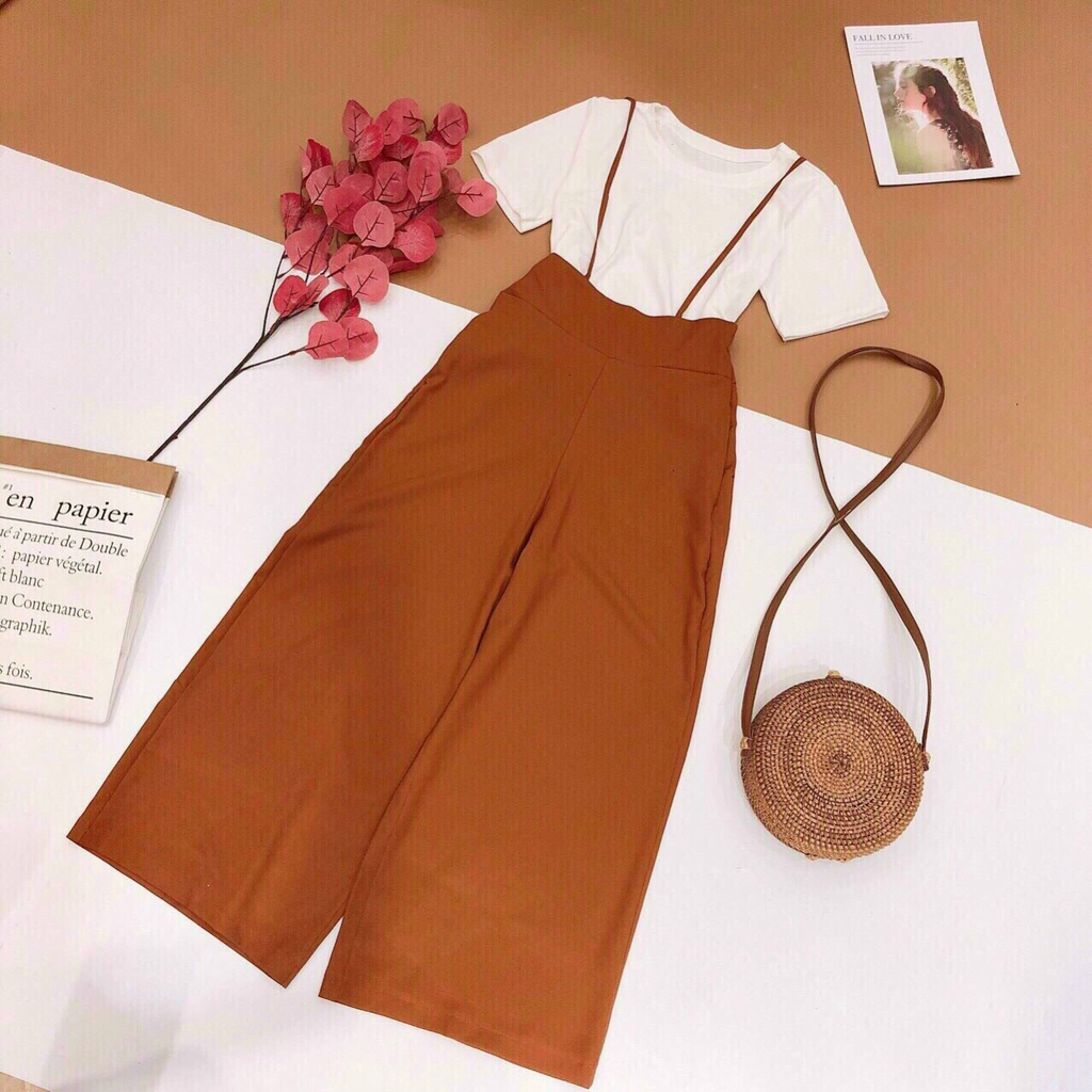 [ Miễn phí ship 2022 ] Set yếm cát hàn ống rộng, yếm 2 dây quần dài kèm áo trắng ulzzang cá tính, trẻ trung