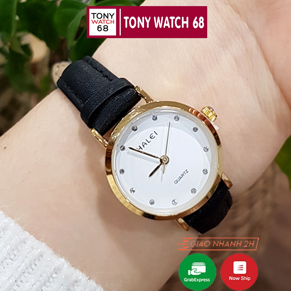 Đồng hồ cặp đôi nam nữ Halei dây da đen mặt ngọc chính hãng Tony Watch 68