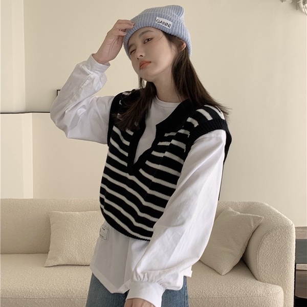 Áo dệt kim ZHELIHANGFEI sát nách lưng cao kẻ sọc cá tính dễ phối đồ