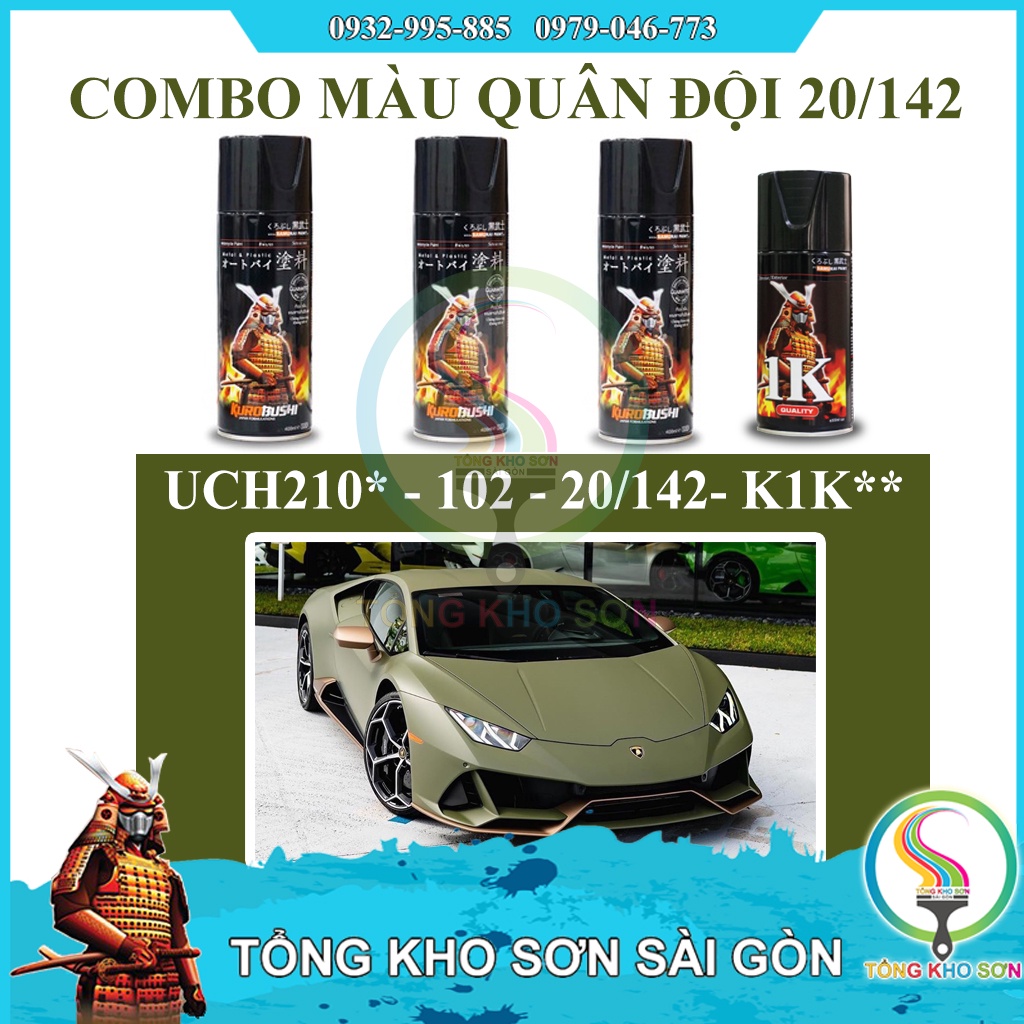 Combo sơn xịt Samurai màu xanh quân đ ội Arm 142 bao gồm UCH210- 102-142- K1K